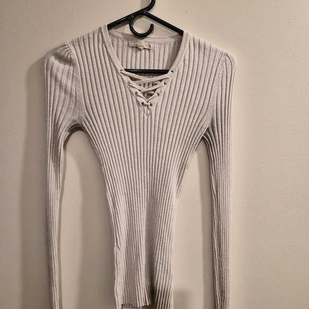 It's Our Time White Ribbed Lace-Up V-Neck Long Sleeve Top